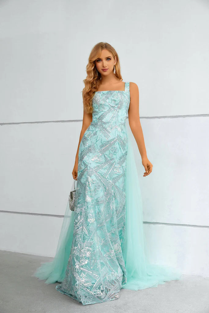 Wholesale Column Straps Sleeveless Shiny Lace Prom Dress with Detachable Tulle Train